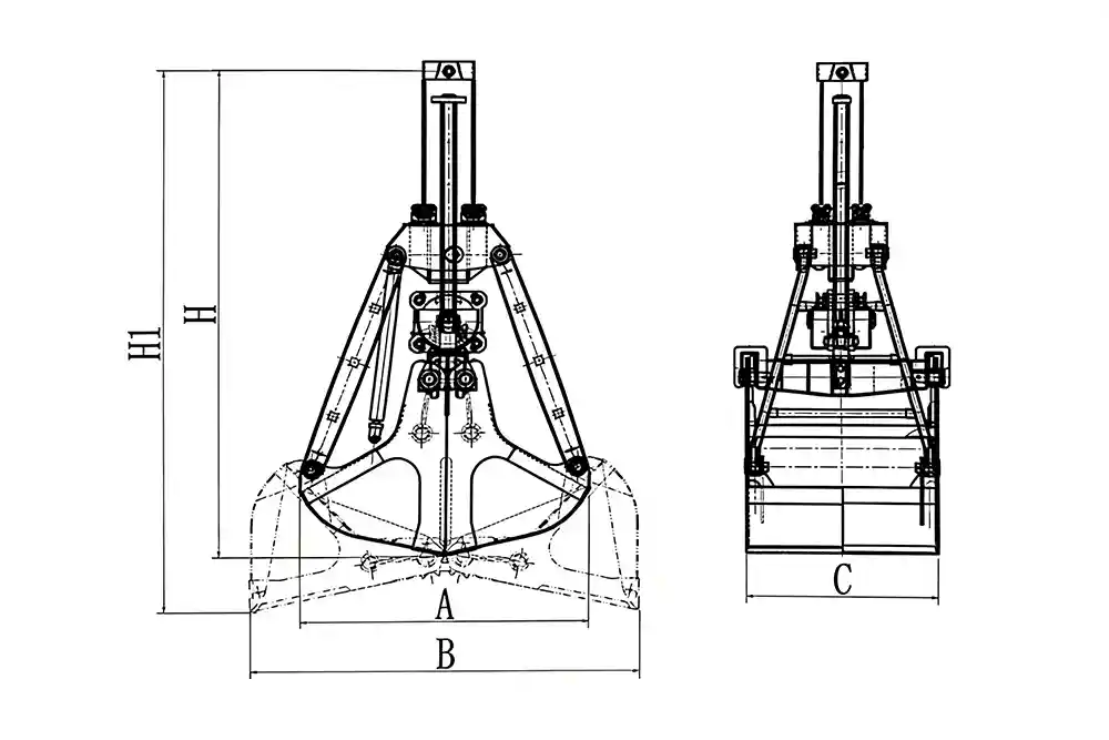 Single Rope Clamshell Grab Bucket Drawing